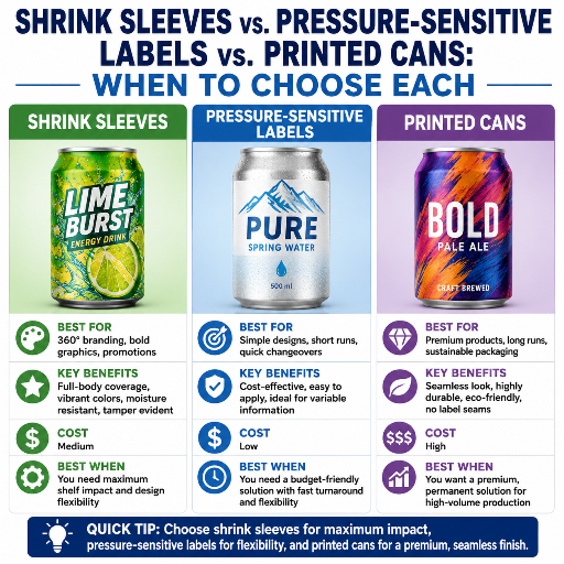 Shrink Sleeves vs. Pressure-Sensitive Labels vs. Printed Cans: When to Choose Each