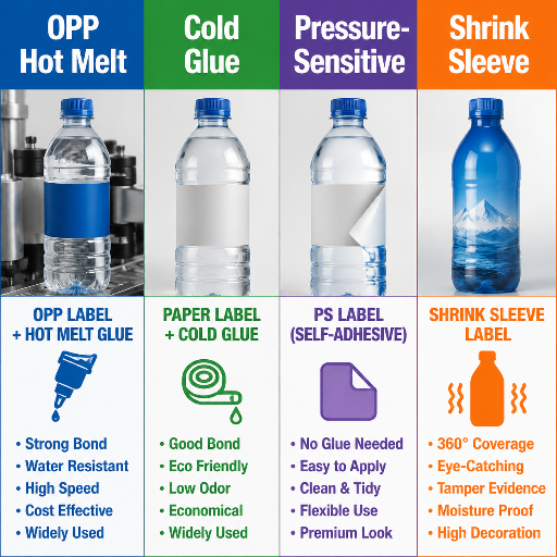 OPP Hot Melt vs Cold Glue vs Pressure-Sensitive vs Shrink Sleeve