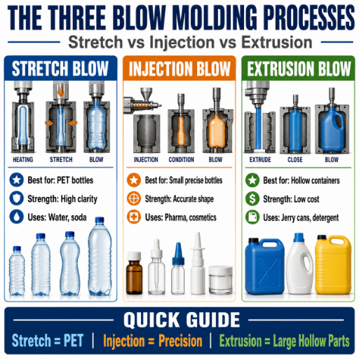 The Three Blow Molding ProcessesStretch vs Injection vs Extrusion