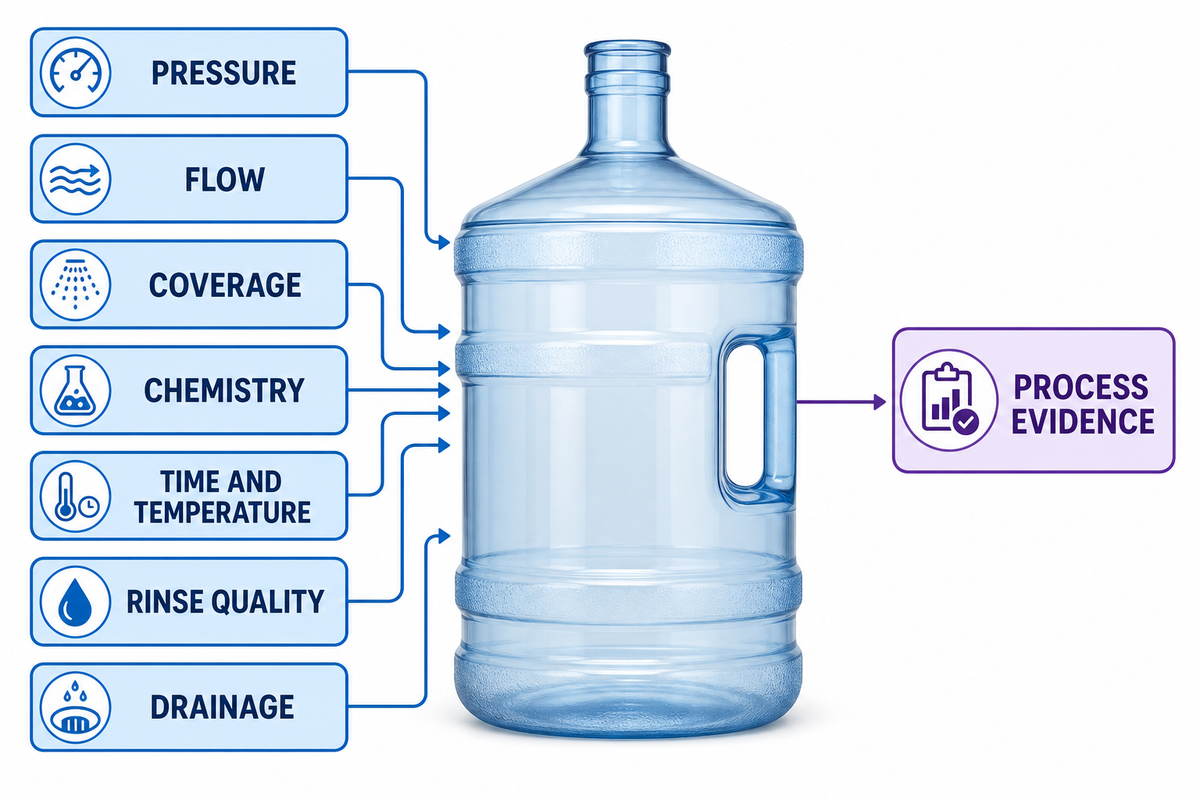Pressure is one input; coverage, chemistry, time and rinse evidence determine cleaning — PROCECO and ISPE