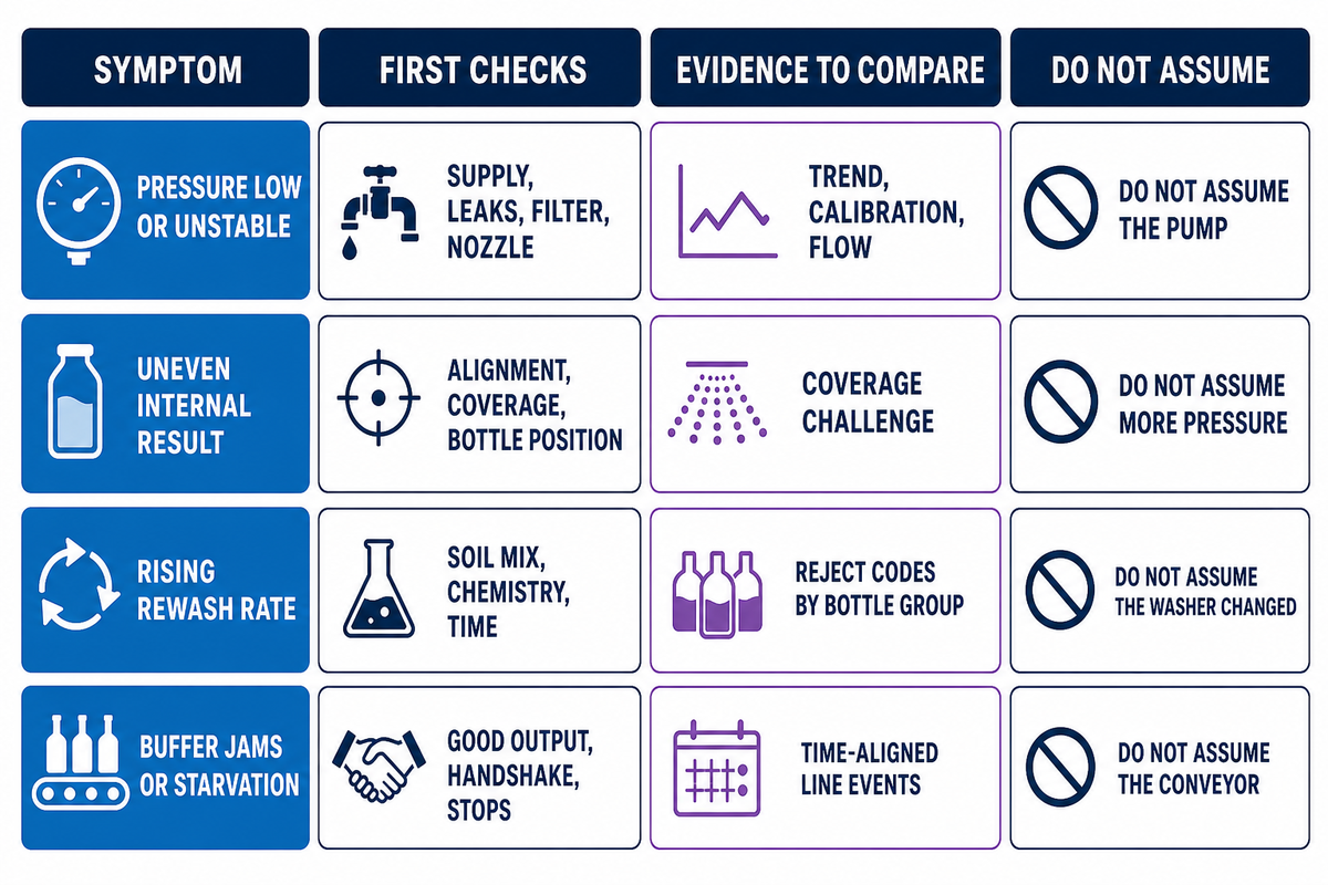 Symptom-to-Evidence Map checks bottles, utilities, nozzles, controls and interfaces before root-cause claims