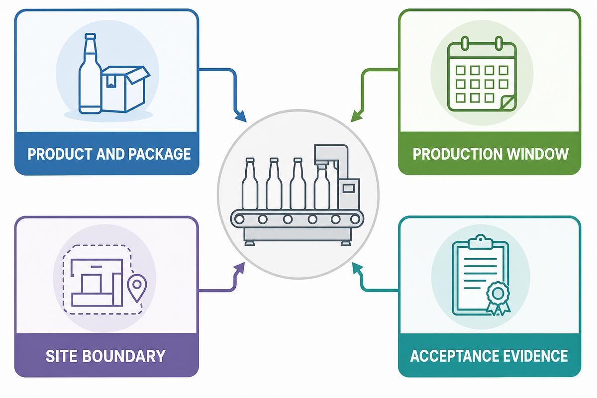 Beer bottling line project brief with package, production window, site boundary and acceptance evidence