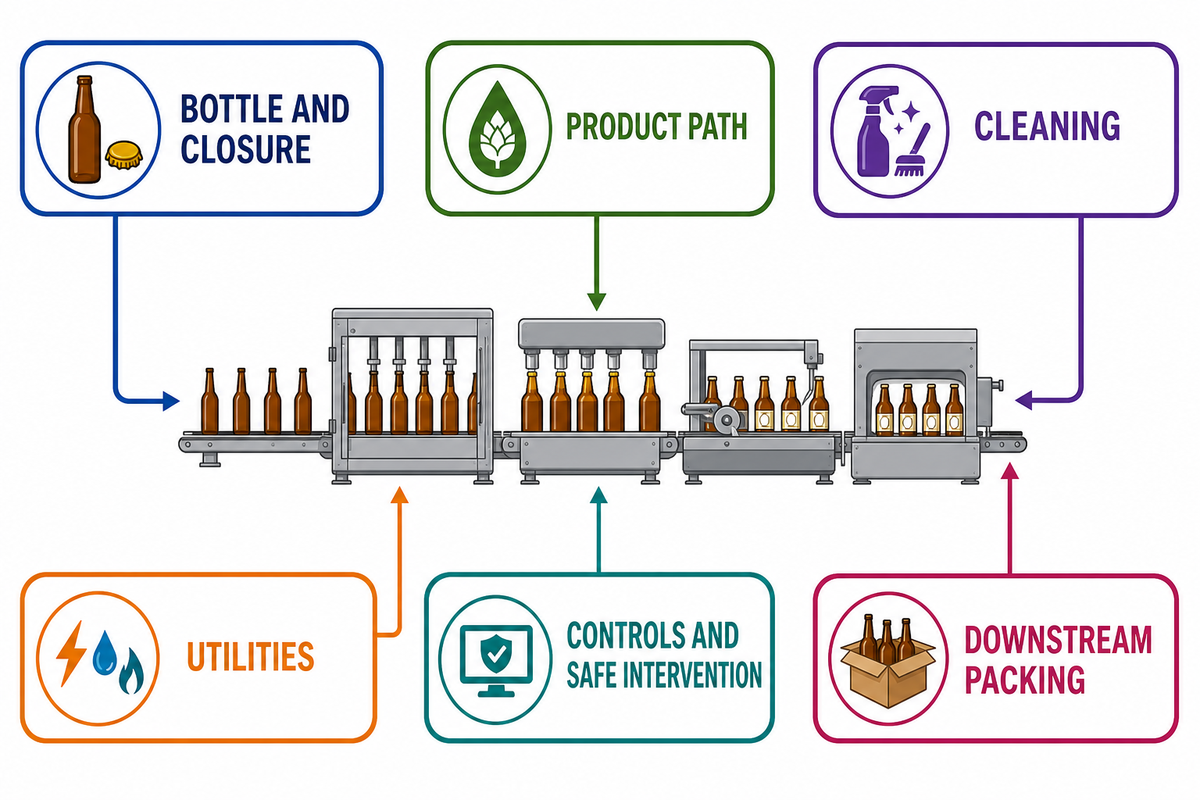 Core beer bottling line interface handoffs from bottle and closure to downstream packing