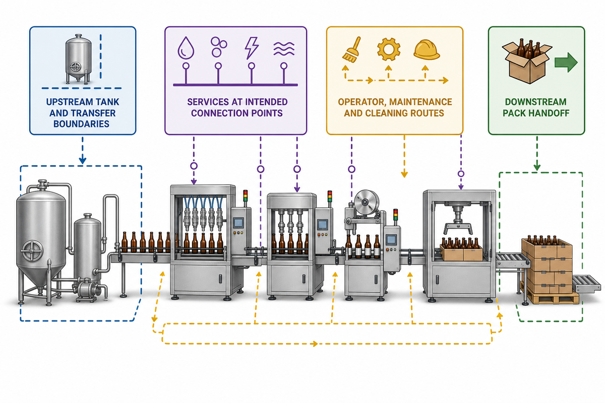 Bottling-line layout handoffs for upstream transfer, services, access routes and downstream packing