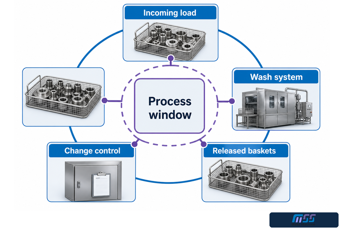 Daily control board links loads, wash condition, process readings, release evidence, and change control