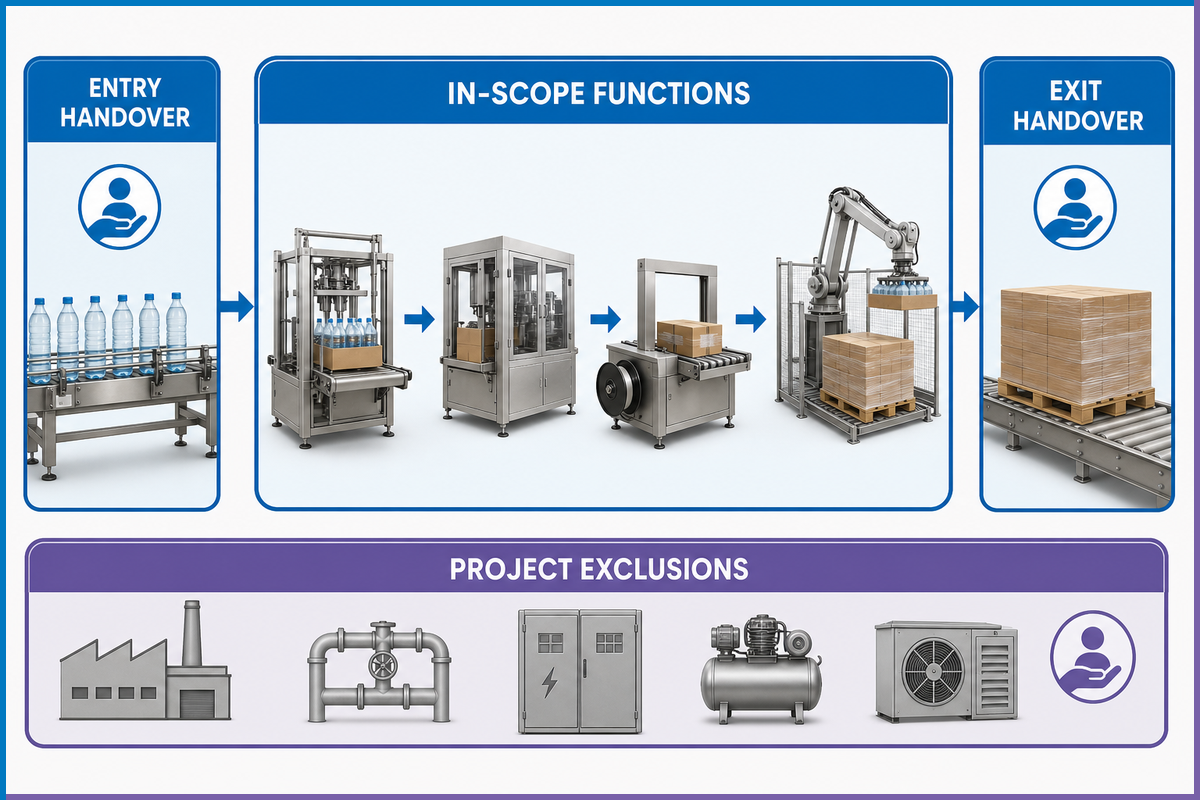 Bottle packaging line boundary diagram showing entry handover, in-scope functions, exit handover and exclusions