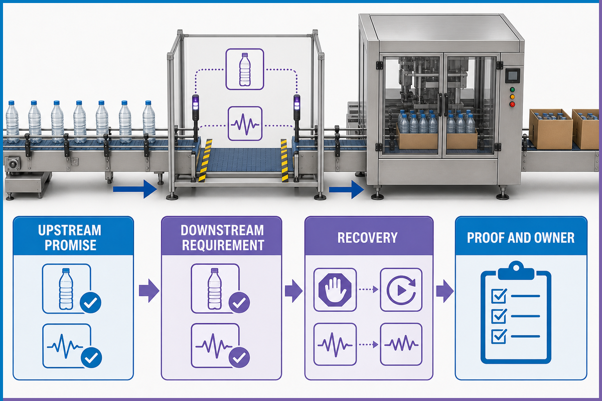 Machine handover diagram comparing upstream promise, downstream requirement, recovery, proof and ownership