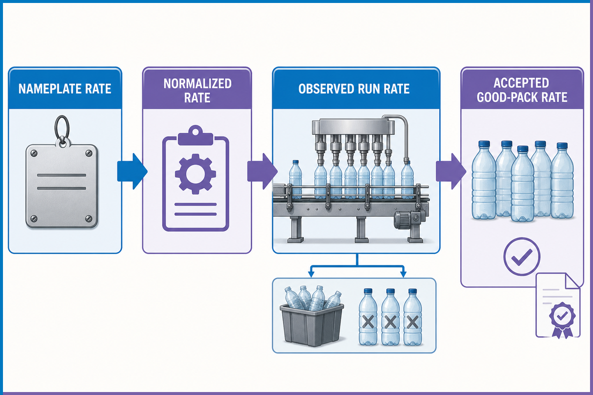Bottle packaging rate funnel from nameplate and normalized rate to observed and accepted good-pack output