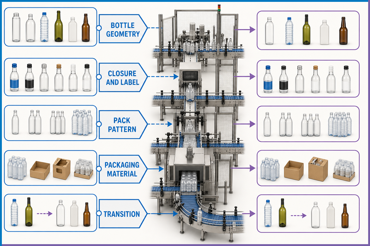 SKU operating-envelope map for bottle geometry, closure, pack pattern, packaging material and transition tests