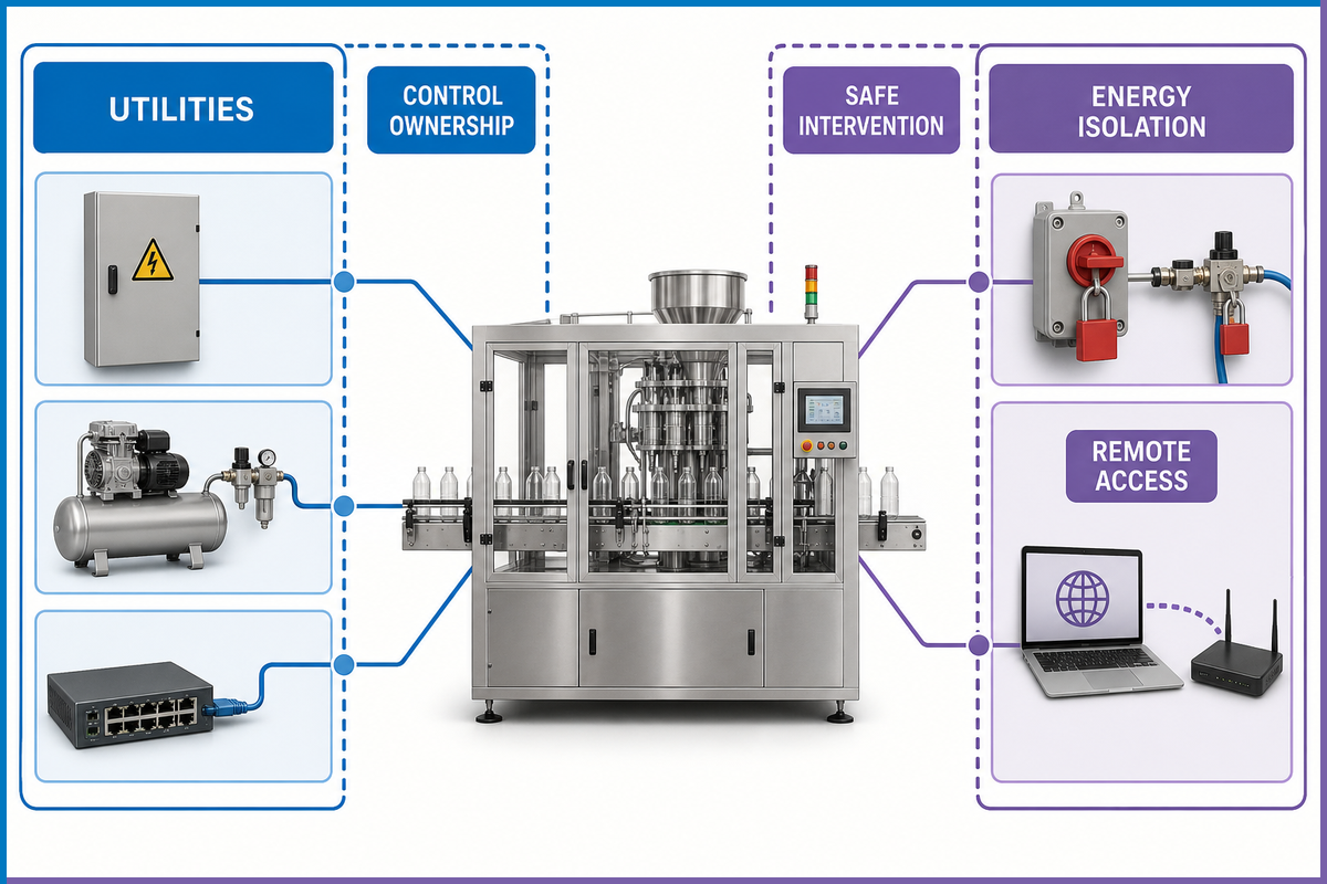 Bottle packaging installation boundary map for utilities, controls, safe intervention, isolation and remote access