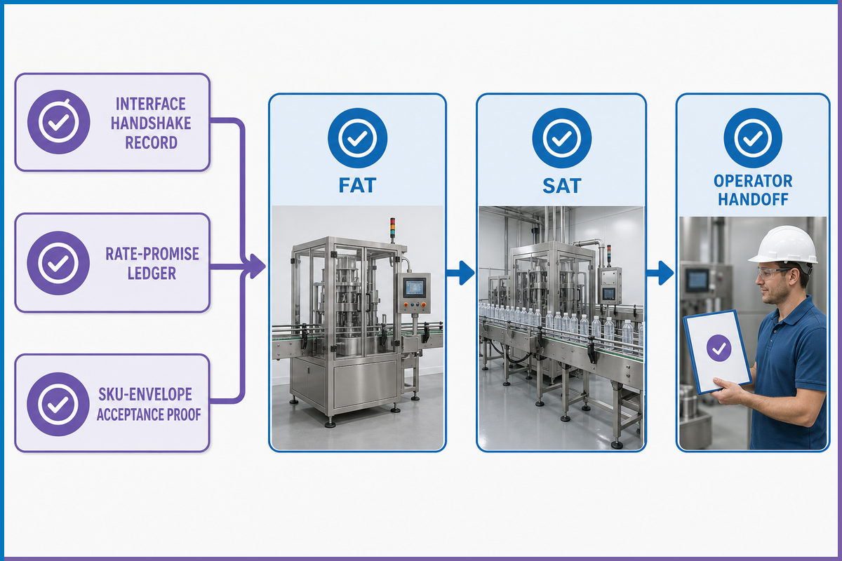 Bottle packaging acceptance workflow linking interface, rate and SKU evidence through FAT, SAT and operator handoff