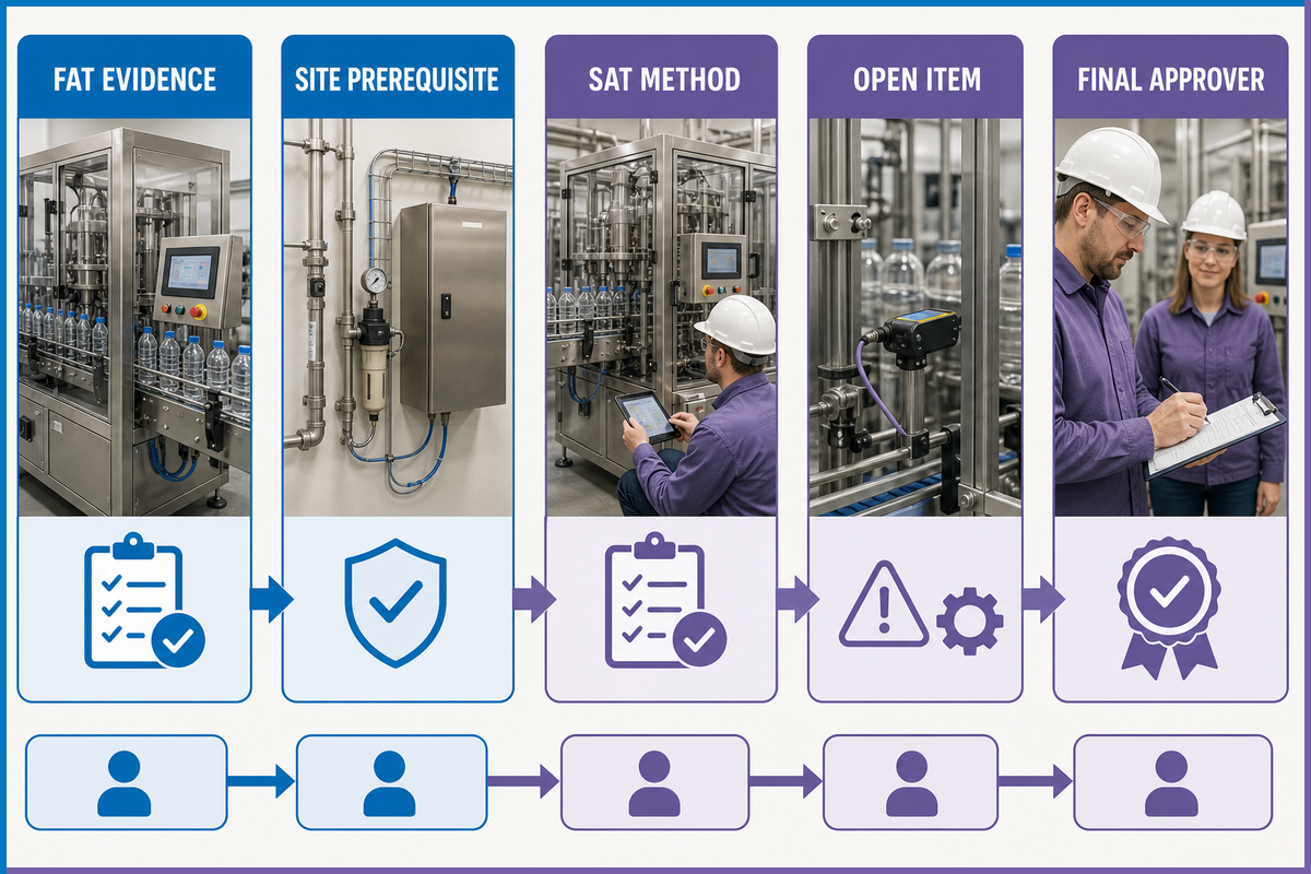 FAT-to-SAT evidence handoff with site prerequisites, test methods, open items and final approval
