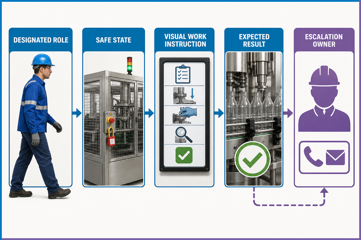 Operator intervention-to-instruction map showing designated role, safe state, work instruction and escalation