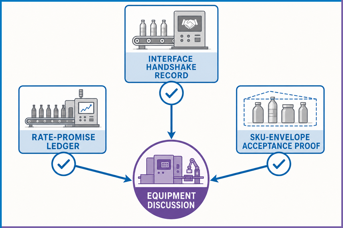 Three-record bottle packaging acceptance chain for interface, rate, SKU coverage and equipment discussion