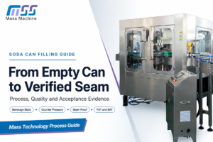 Soda can filling guide from empty-can handling through verified double-seam release