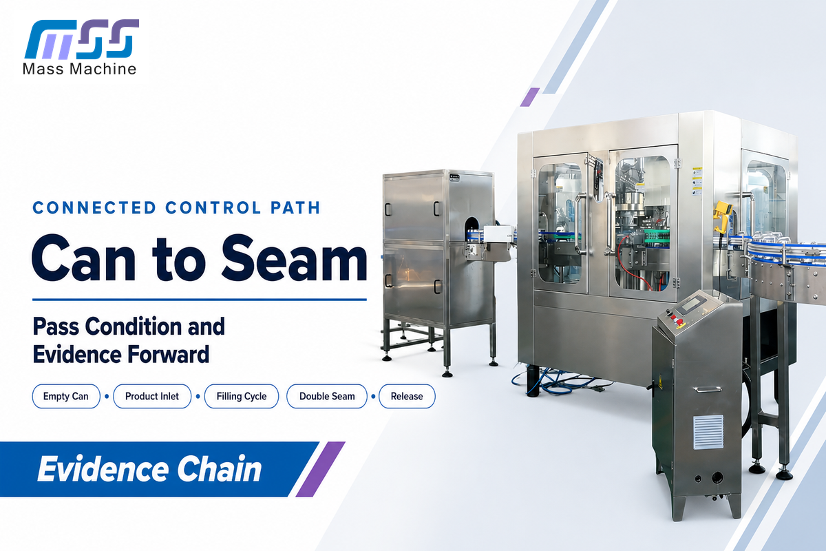 Connected soda can filling control path from empty-can supply to release