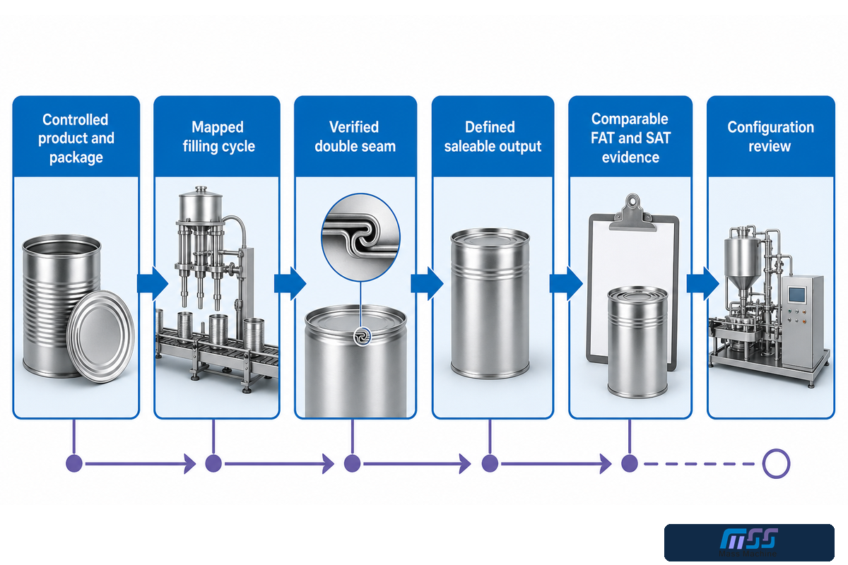 Evidence-first pathway from controlled package to soda can filling configuration review