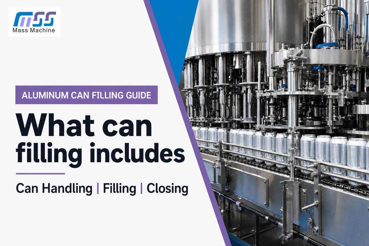 Cans on a filling line illustrate handling, filling and closing as connected operations.