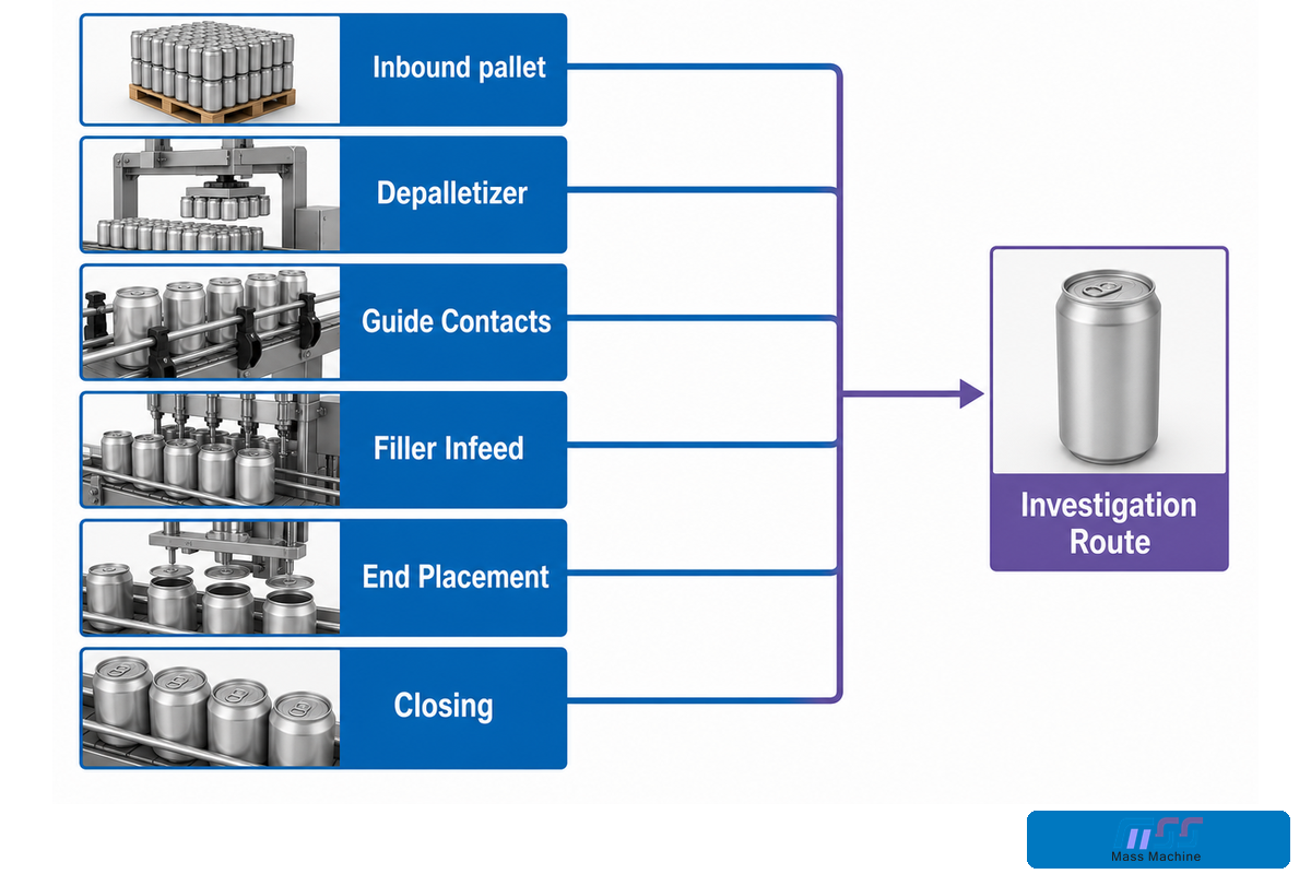 A six-stage path traces can handling from inbound pallet to closing for damage investigation.