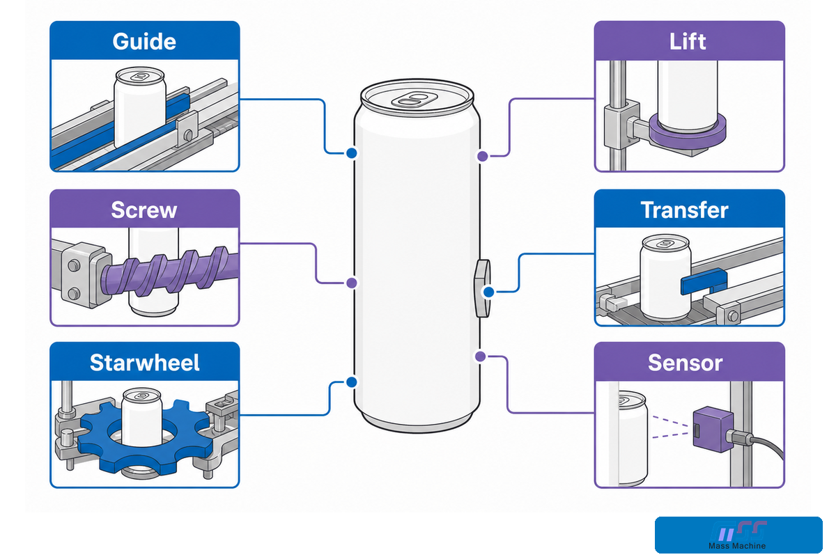 Can geometry diagram maps guides, screws, starwheels, lifts, transfers and sensors.