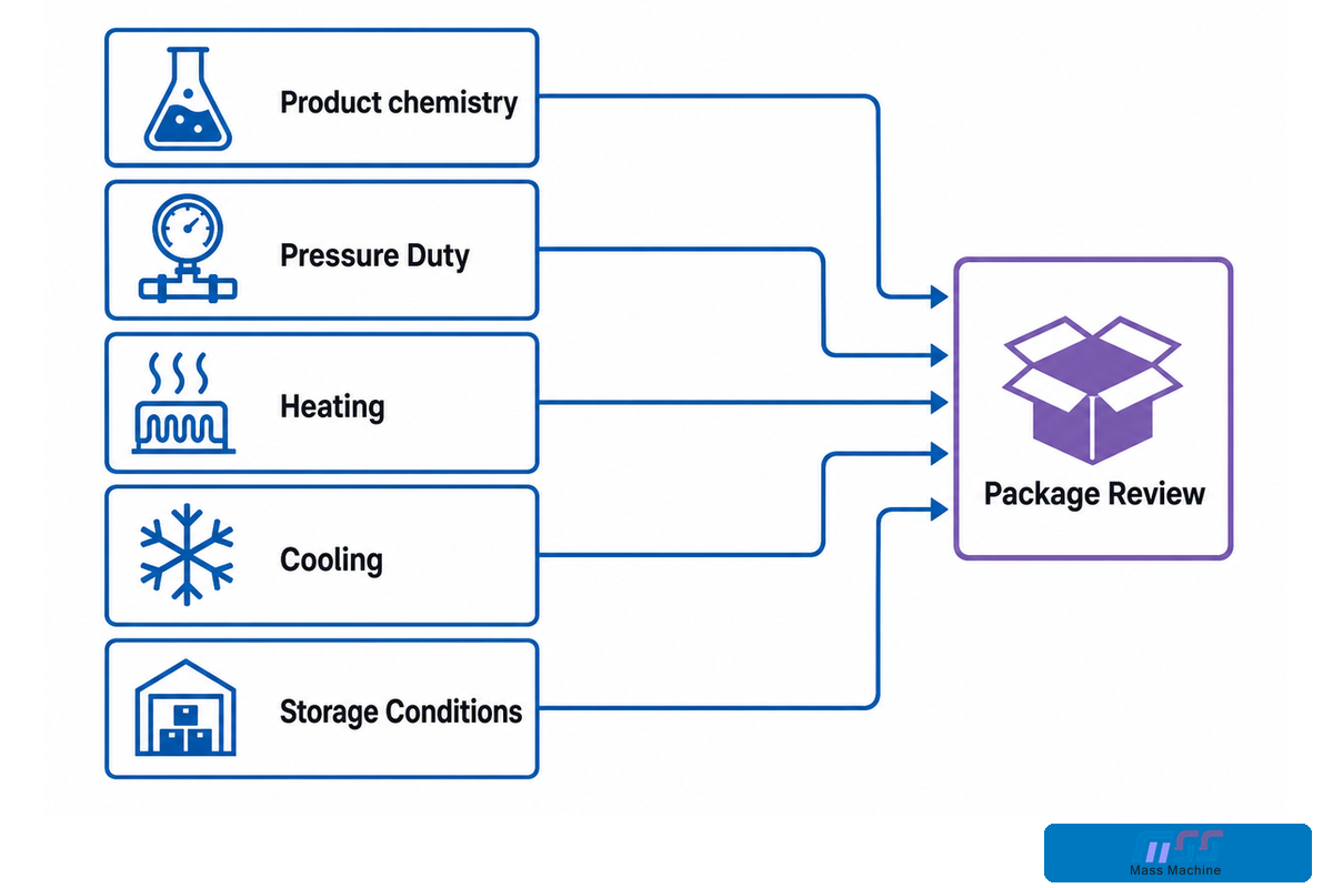 Five package review factors link beverage chemistry, pressure, heat, cooling and storage.