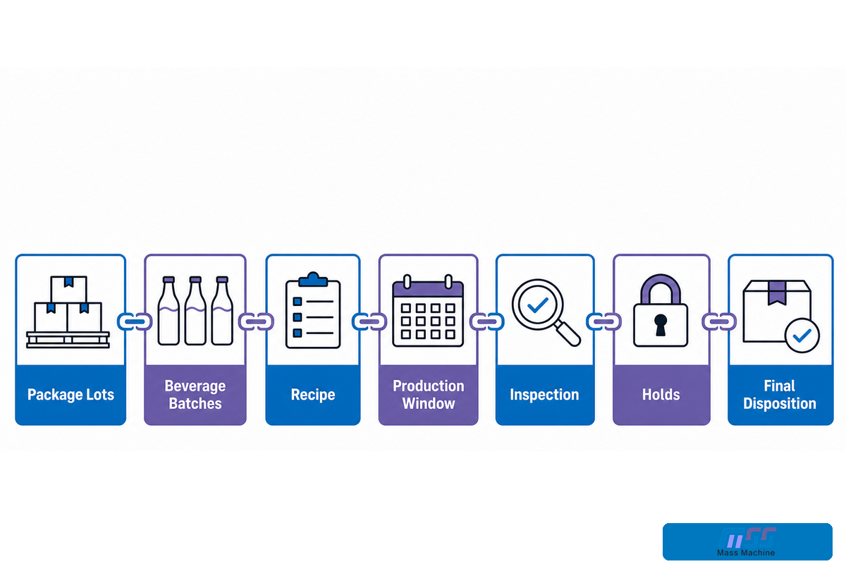 Traceability chain connects package lots and beverage batches to inspection, holds and disposition.