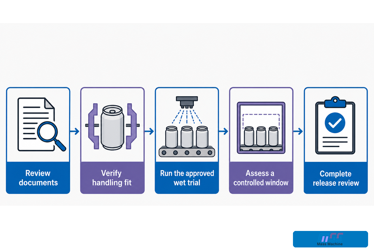 Five stages qualify a new can family from document review through release review.