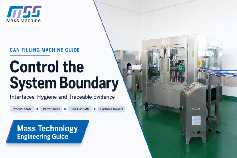 Guía de la máquina llenadora de latas sobre controles, interfaces, higiene y evidencia trazable