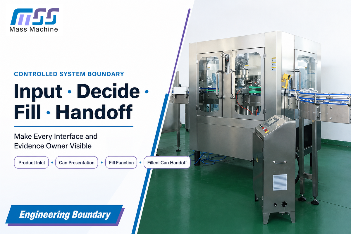 Controlled can filling machine boundary from verified inputs to filled-can handoff