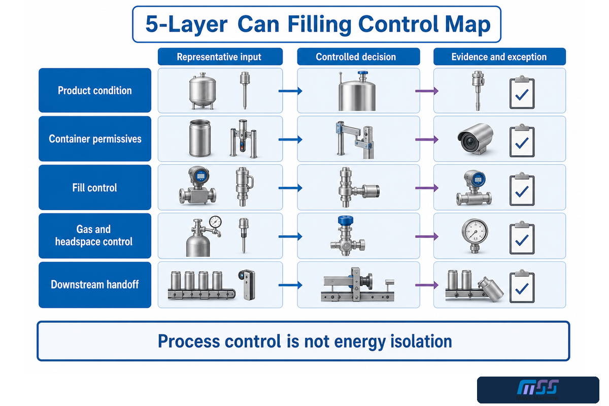 Five-layer can filling control map for inputs, decisions, evidence and exceptions