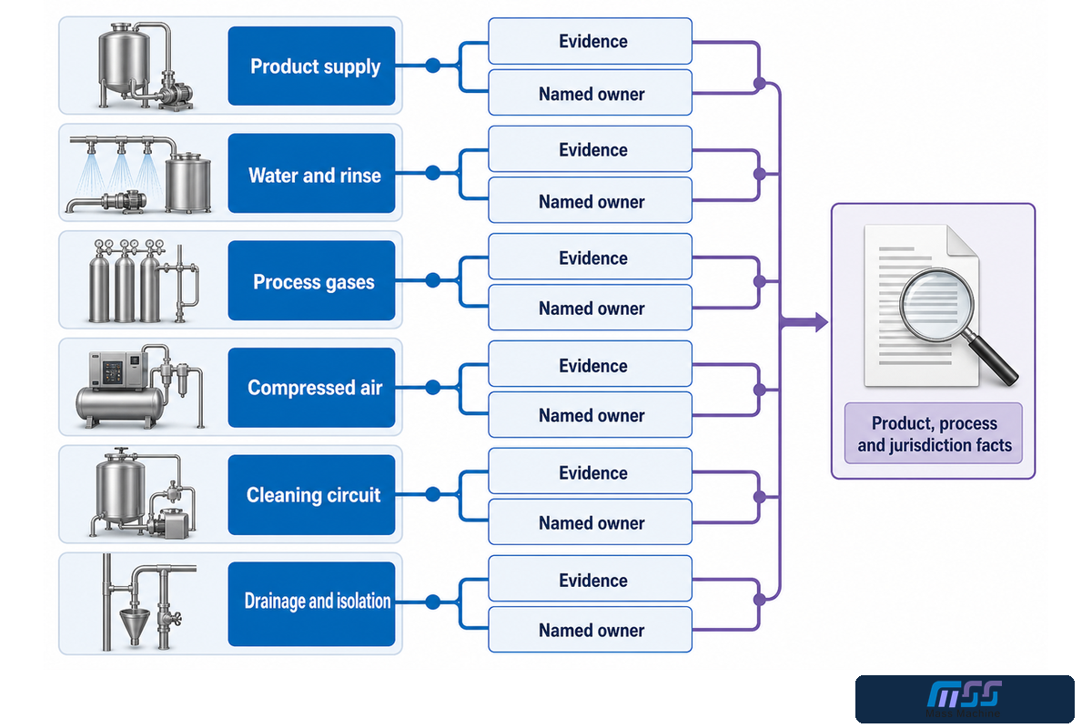 Utility, hygiene and product-classification responsibility map for can filling