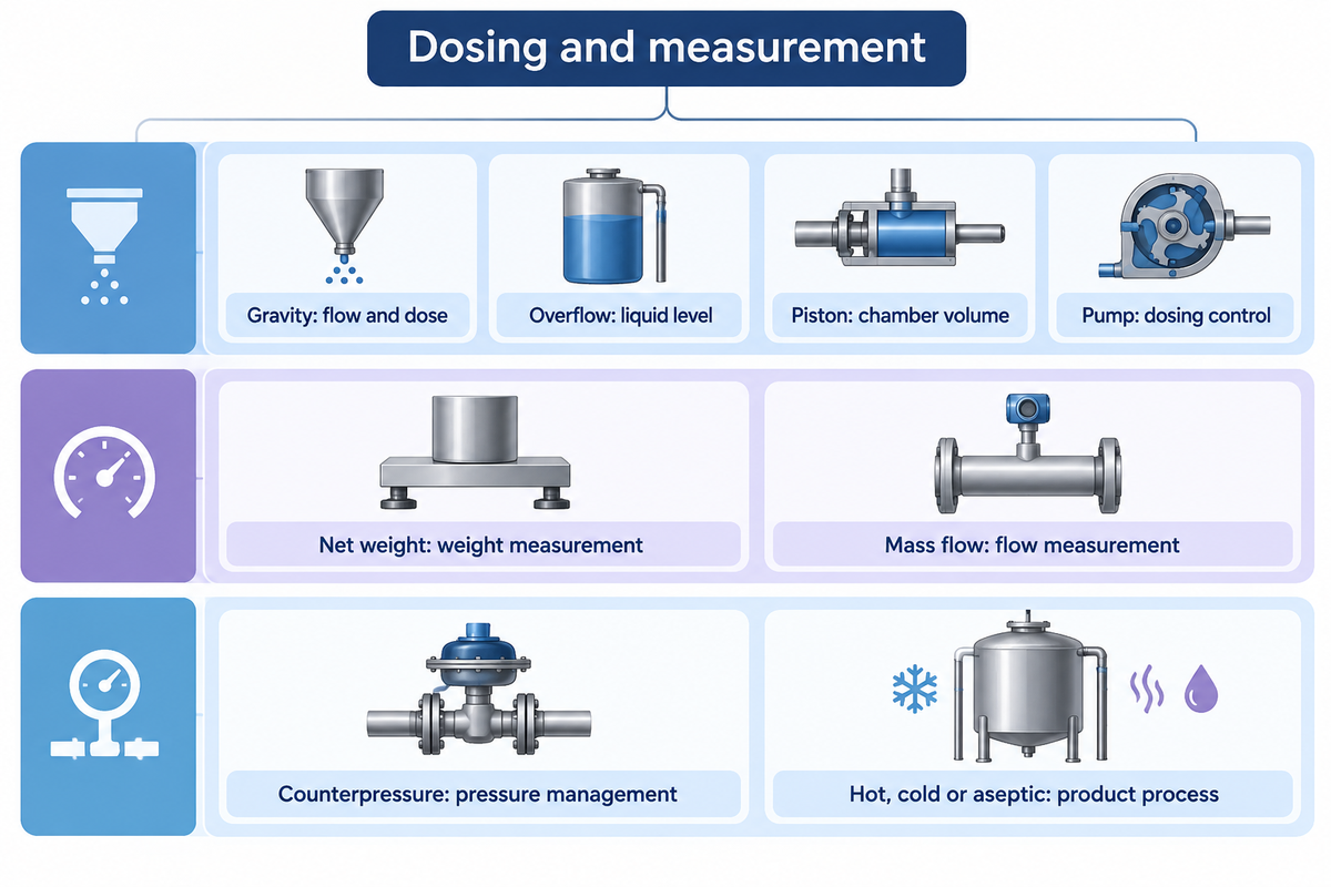 Dosing, pressure and product process are separate filling choices; based on OSU FAPC-229 and PMMI ProSource.