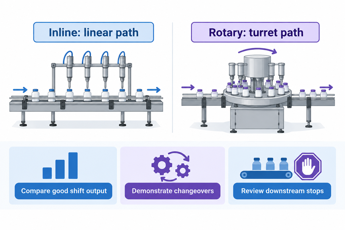 Inline follows a linear path; rotary carries containers around a turret. Compare actual output and changeovers.