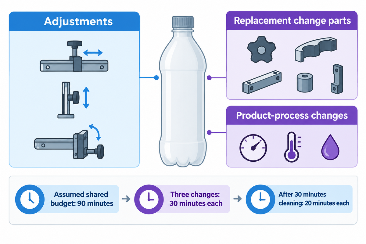 Assumed 90-minute budget gives 30 minutes per change, or 20 each after 30 minutes of cleaning.