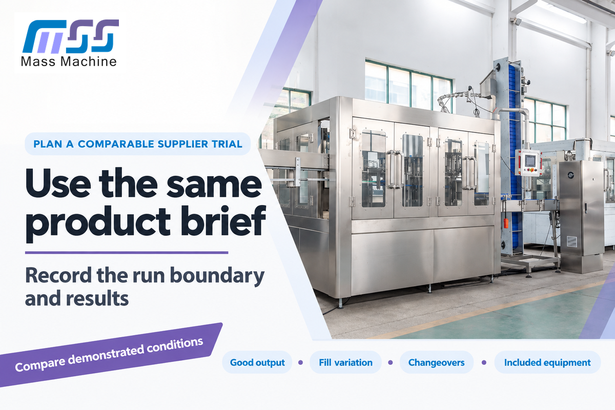 Compare suppliers using the same product brief and record good output, fill variation, changeovers and included equipment.