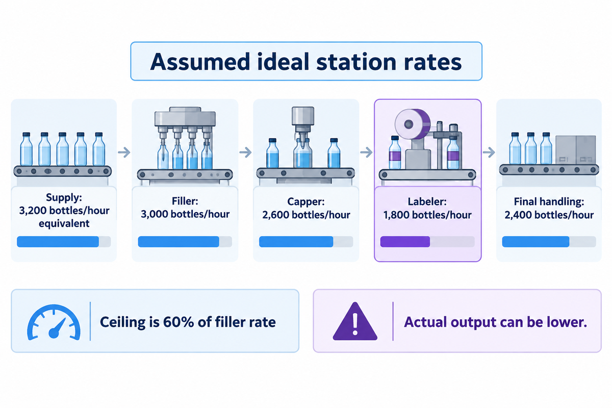 Assumed 3,000-bottle/hour filler meets a1,800-bottle/hour labeler ceiling; actual line output can be lower.